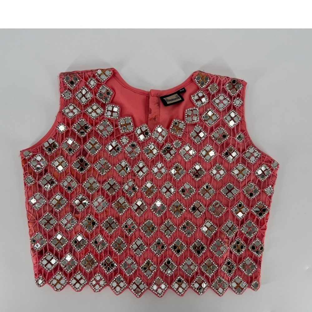 Modana Pink Mirror Work Floral Embroidered Sleeveless Crop Top Blouse Size 32